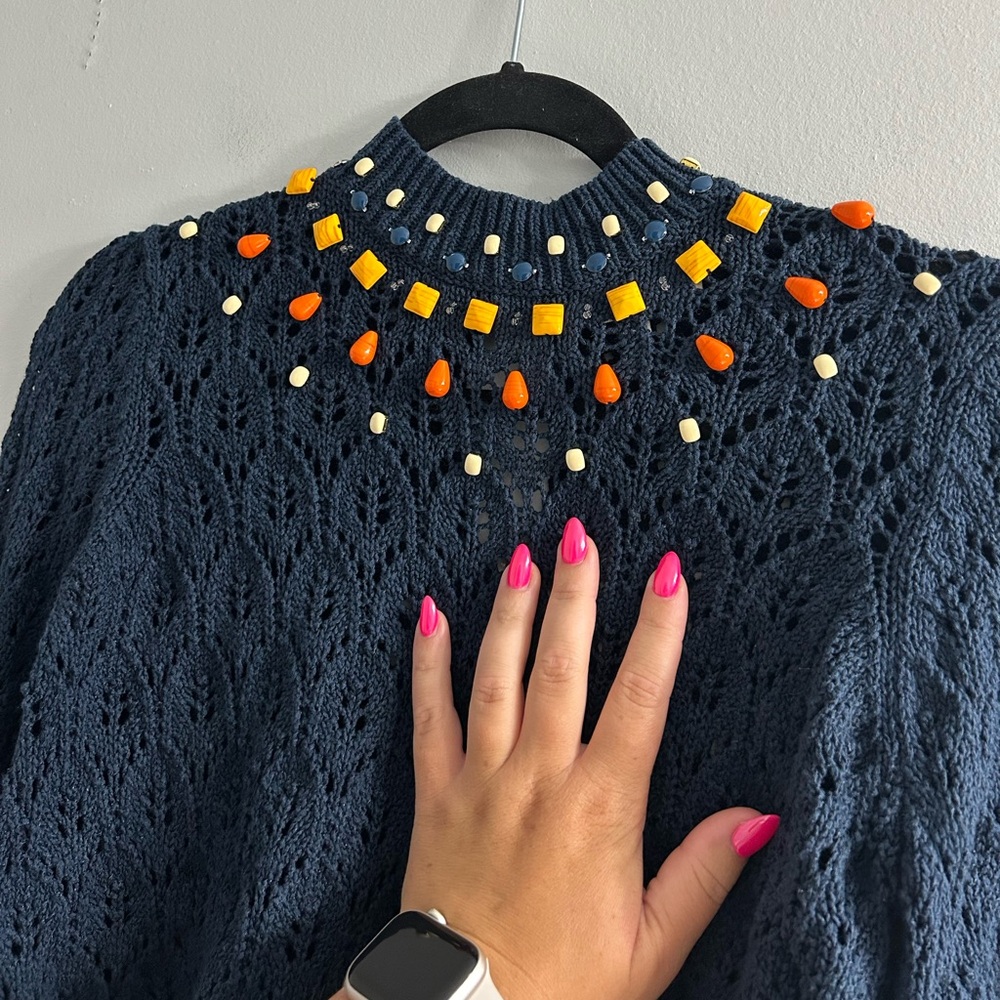 Sezane Dark Blue Sweater with Bright Accents - Picture 3 of 8